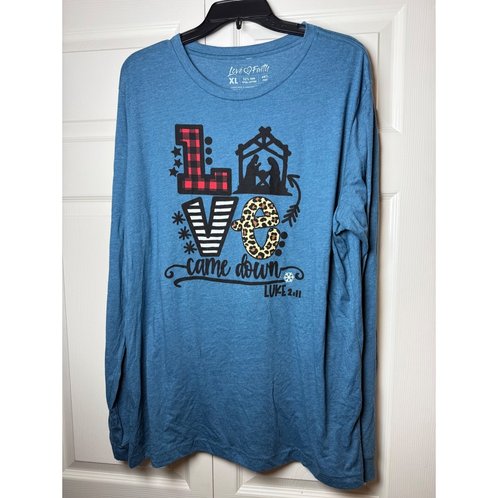 Love in Faith Women XL Blue Love Came Down Luke 2:11 Long Sleeve Graphic T-Shirt